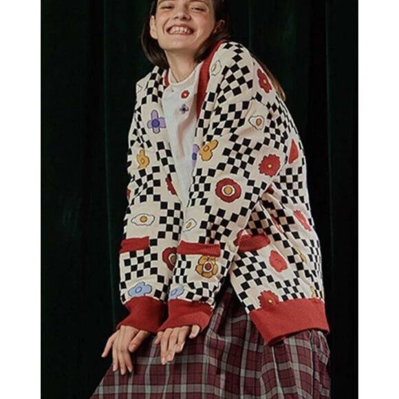 Kina and Tam Floral Funk Cardigan Sweater Funky Knit Egg Oversized Cardigan - Picture 1 of 8